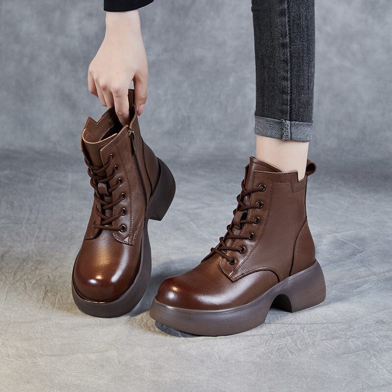 Women Retro Solid Leather Casual Thick Soled Boots Sep 2023 New Arrival 