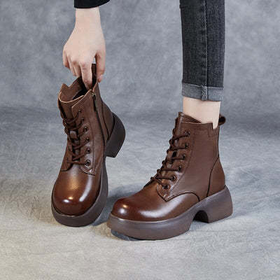 Women Retro Solid Leather Casual Thick Soled Boots
