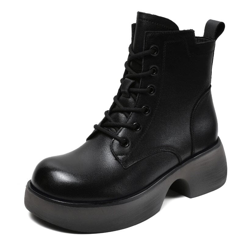 Women Retro Solid Leather Casual Thick Soled Boots