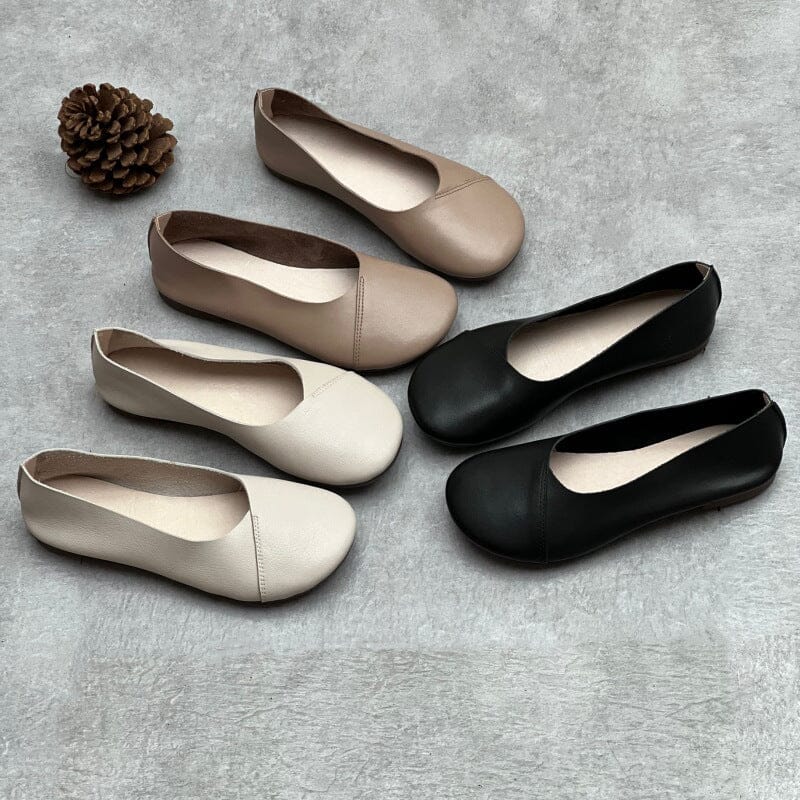Women Retro Solid Leather Flat Soft Casual Shoes