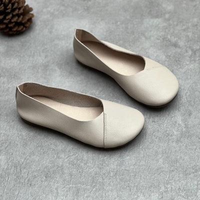 Women Retro Solid Leather Flat Soft Casual Shoes May 2023 New Arrival Beige 35 