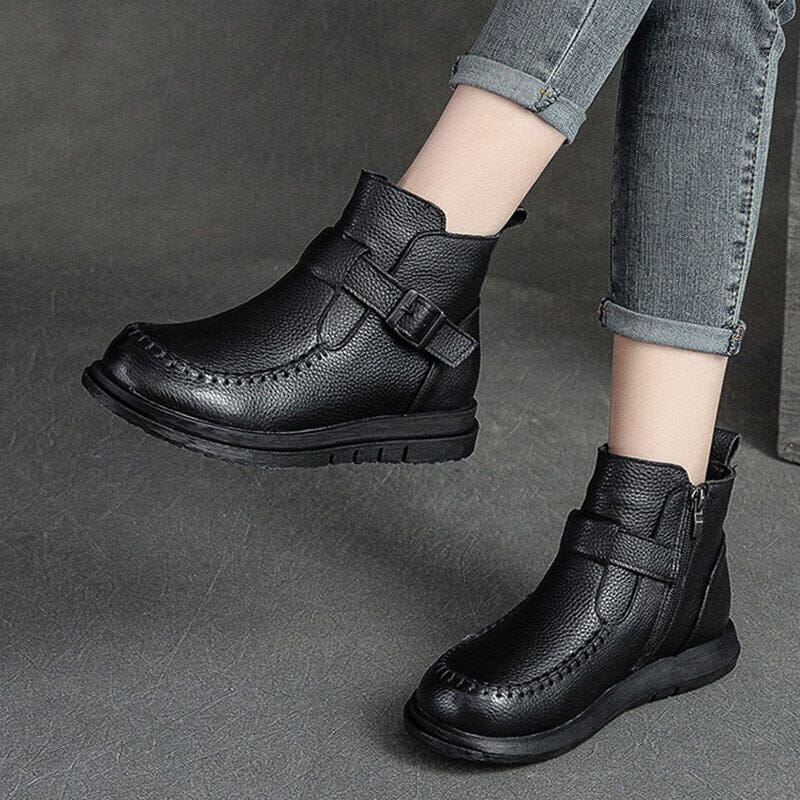 Women Retro Solid Leather Winter Furred Boots