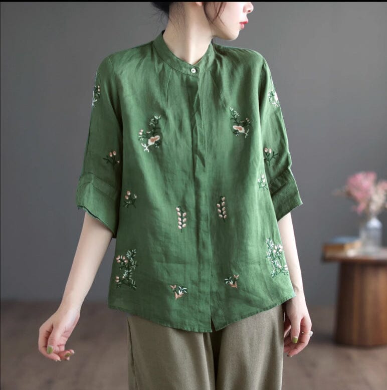 Women Retro Spring Embroidery Linen Loose Blouse Mar 2023 New Arrival Green One Size 