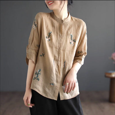 Women Retro Spring Embroidery Linen Loose Blouse Mar 2023 New Arrival Khaki One Size 