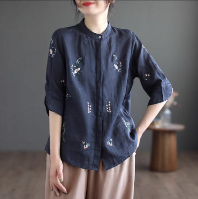 Women Retro Spring Embroidery Linen Loose Blouse Mar 2023 New Arrival Navy One Size 