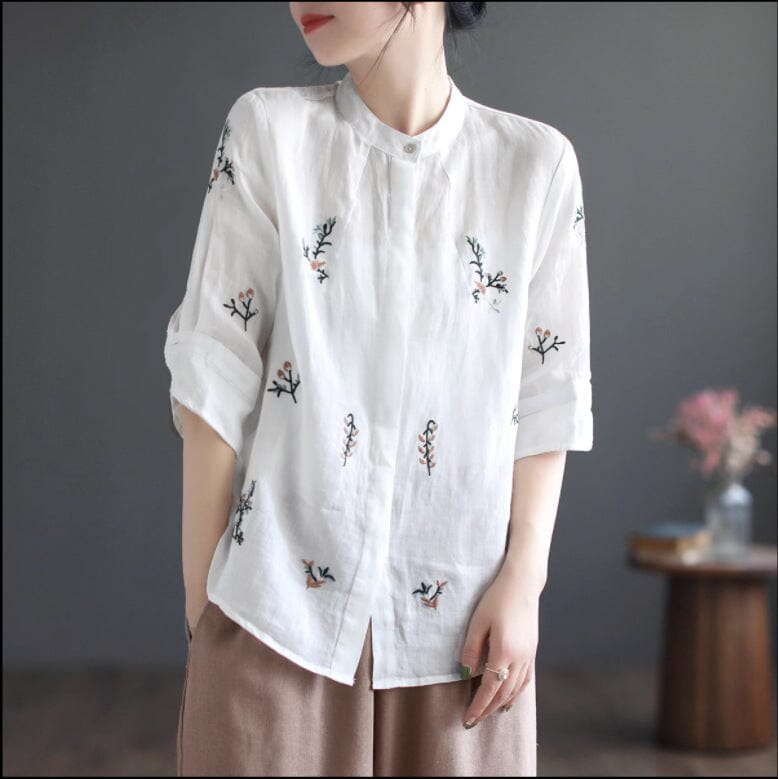 Women Retro Spring Embroidery Linen Loose Blouse Mar 2023 New Arrival White One Size 