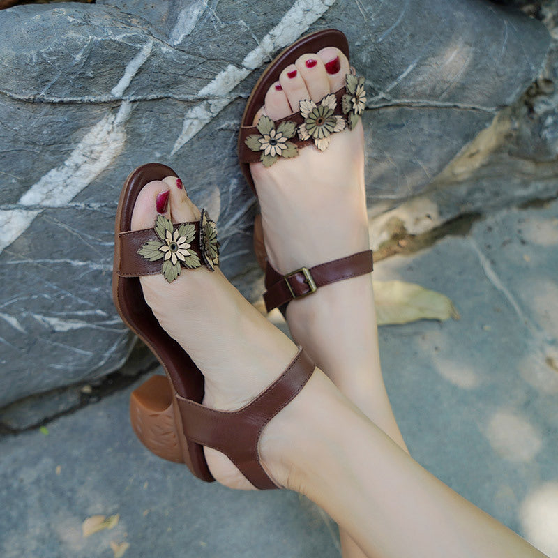 Women Retro Summer Floral Leather Wedge Sandals