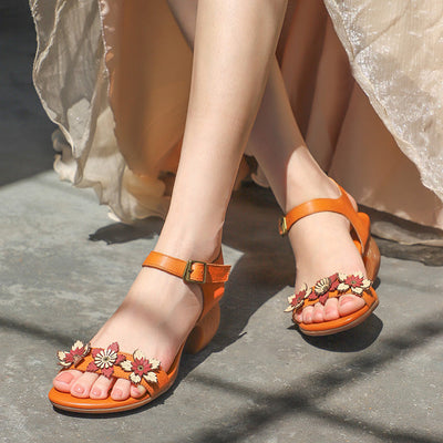 Women Retro Summer Floral Leather Wedge Sandals