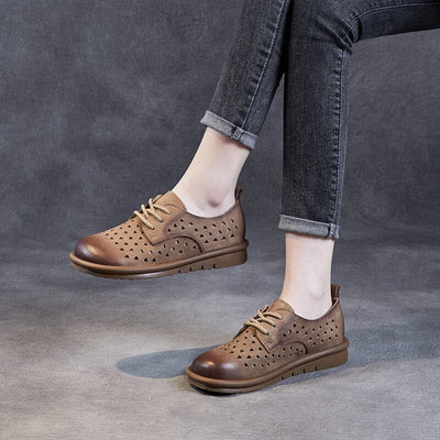 Women Retro Summer Hollow Leather Flat Casual Shoes Mar 2023 New Arrival 