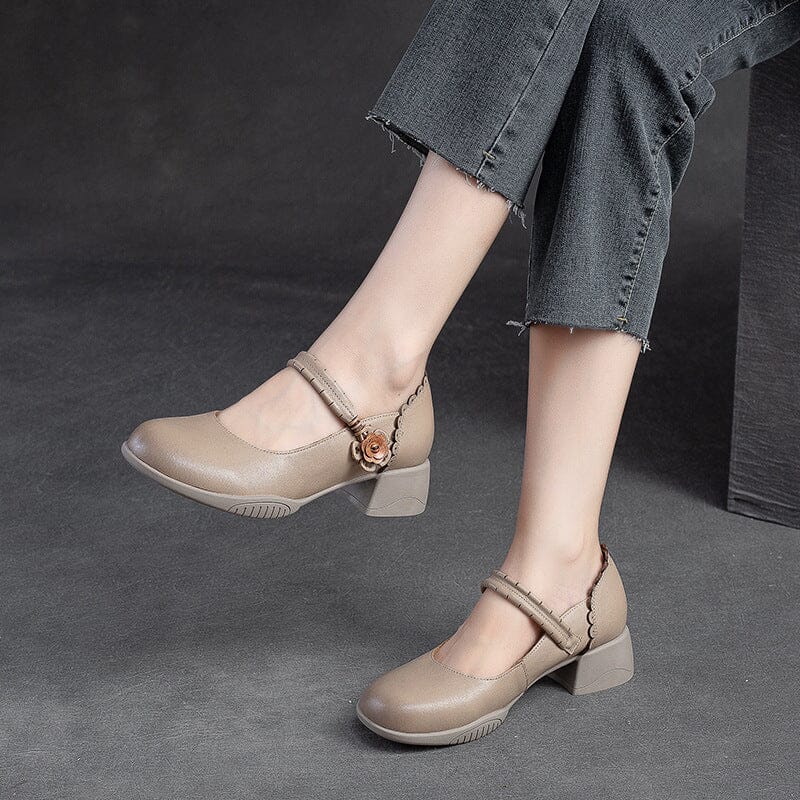 Women Retro Summer Leather Chunky Heel Casual Shoes