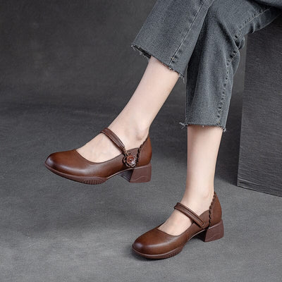 Women Retro Summer Leather Chunky Heel Casual Shoes