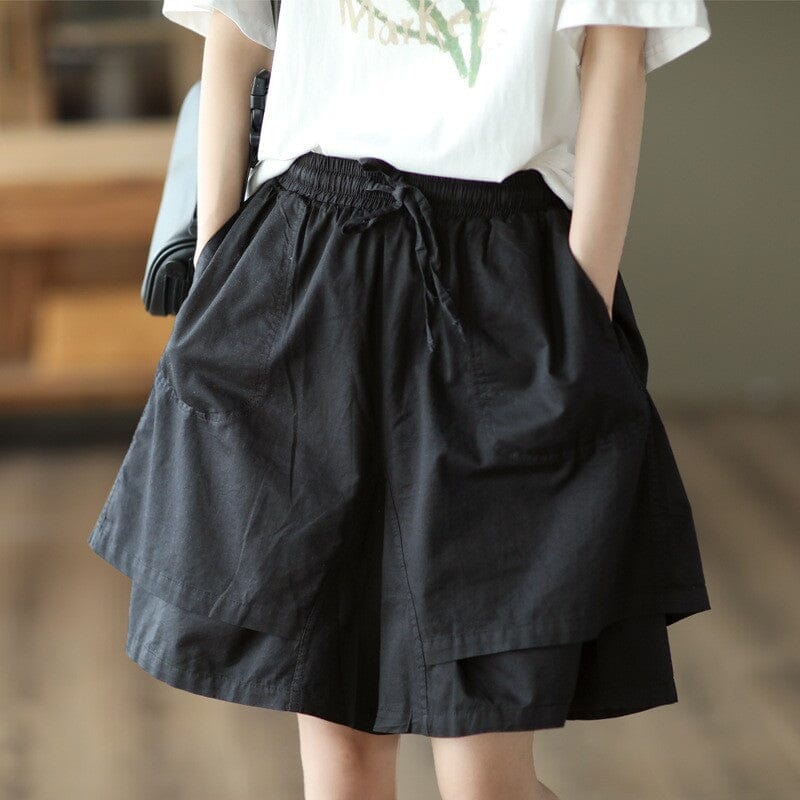 Women Retro Summer Patchwork Loose Shorts Jul 2023 New Arrival Black One Size 