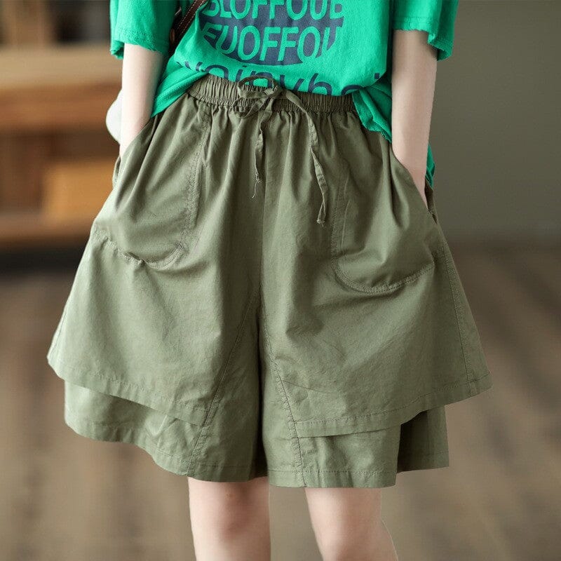 Women Retro Summer Patchwork Loose Shorts Jul 2023 New Arrival Green One Size 