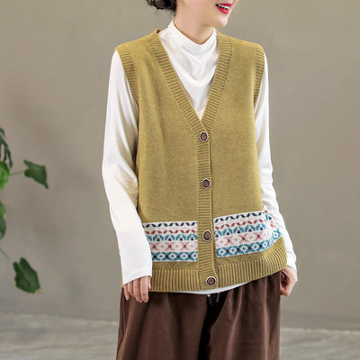 Women Retro V-Neck Cotton Knitted Casual Waistcoat Sep 2022 New Arrival One Size Yellow 