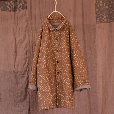 Women Retro Winter Floral Cotton Padded Coat Oct 2022 New Arrival Brown One Size 