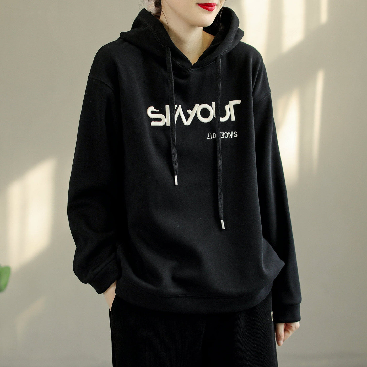 Women Retro Winter Letter Embroidery Furred Hoodie