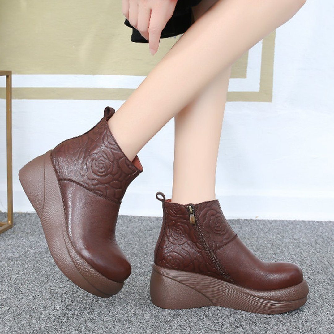 Women Rose Embossed Platform Leather Boots 2019 New December 35 Coffee 
