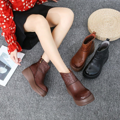 Women Rose Embossed Platform Leather Boots