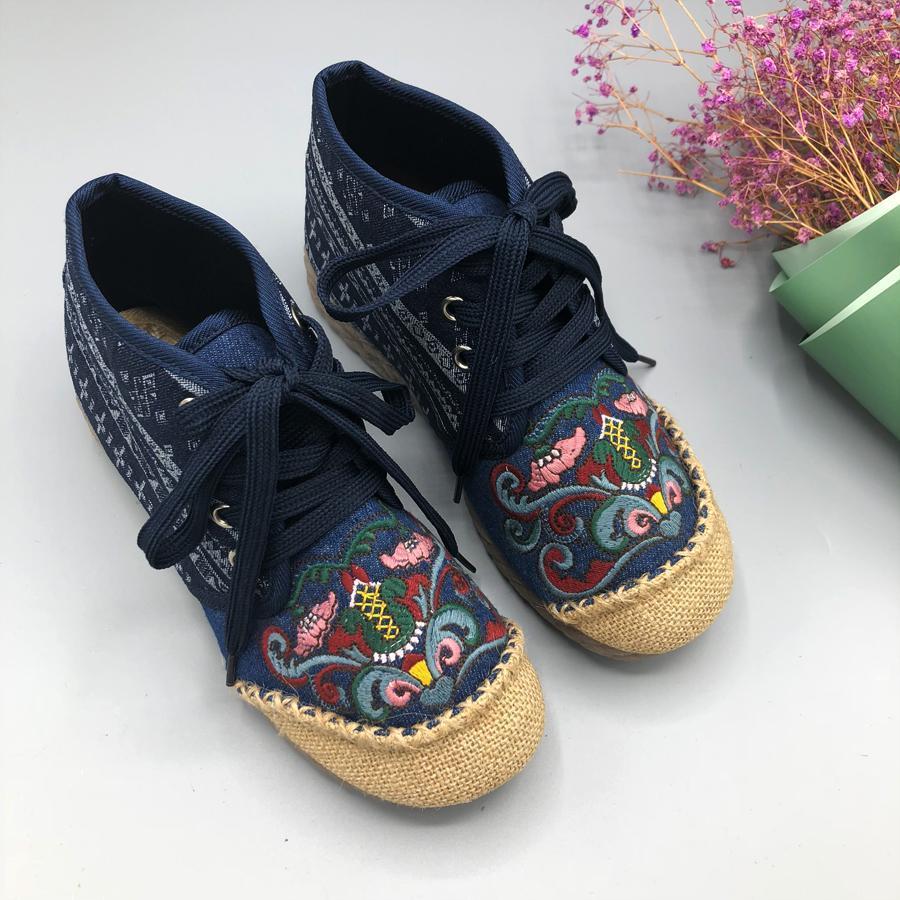 Women Slip On Paneled Embroidered Lace Up Casual Boots