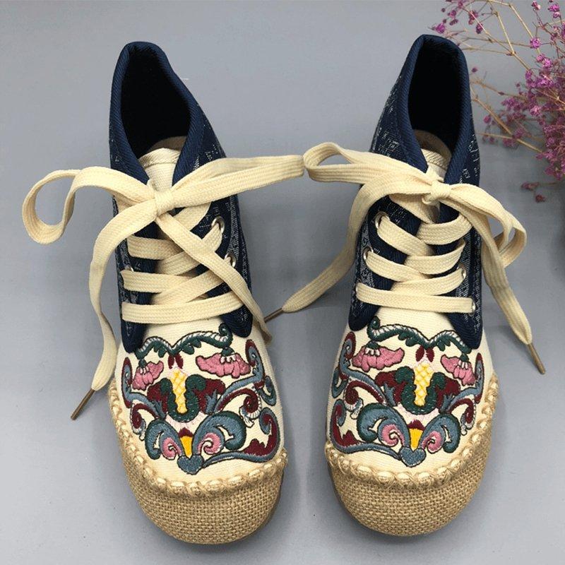 Women Slip On Paneled Embroidered Lace Up Casual Boots 2019 Jun New 35 Beige 
