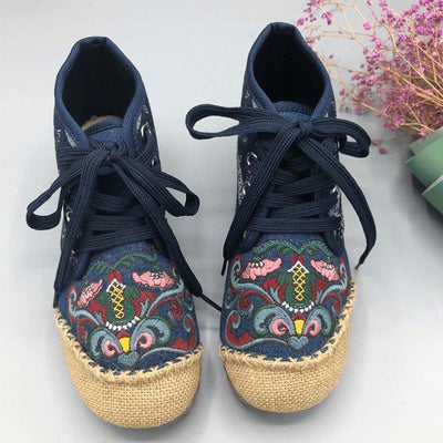 Women Slip On Paneled Embroidered Lace Up Casual Boots 2019 Jun New 35 Blue 