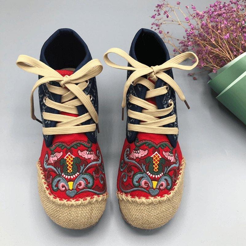 Women Slip On Paneled Embroidered Lace Up Casual Boots 2019 Jun New 35 Red 