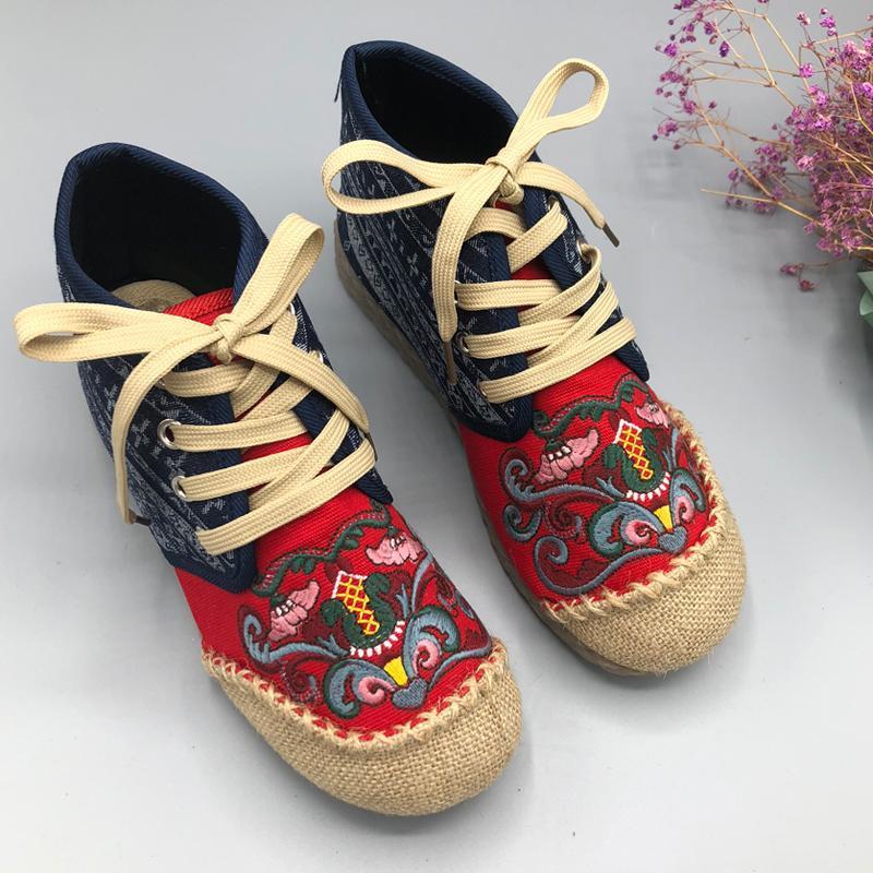 Women Slip On Paneled Embroidered Lace Up Casual Boots 2019 Jun New 