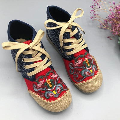 Women Slip On Paneled Embroidered Lace Up Casual Boots