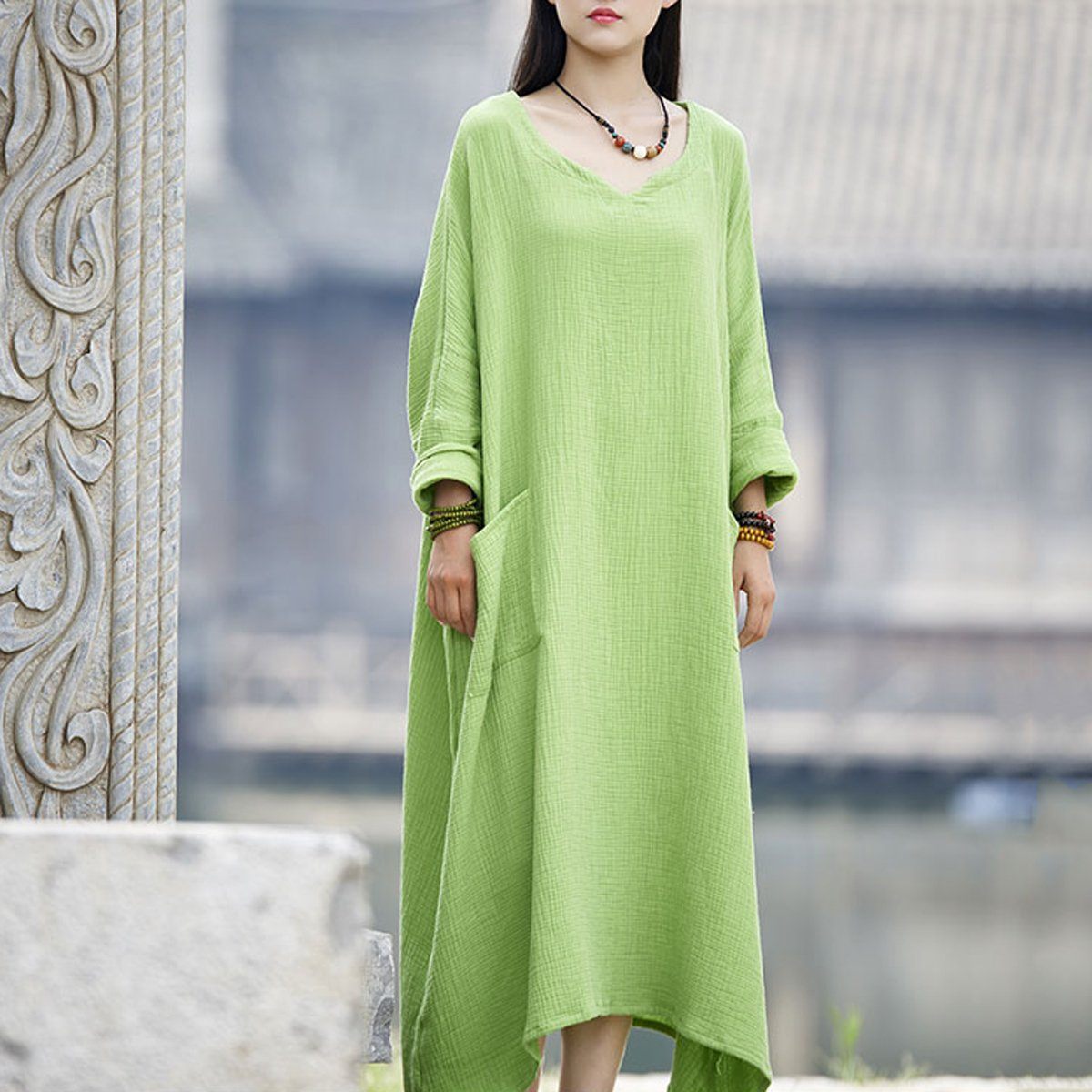 Women Solid Casual Big Pockets Loose Maxi Long Sleeve Dress 2019 May New One Size Green 