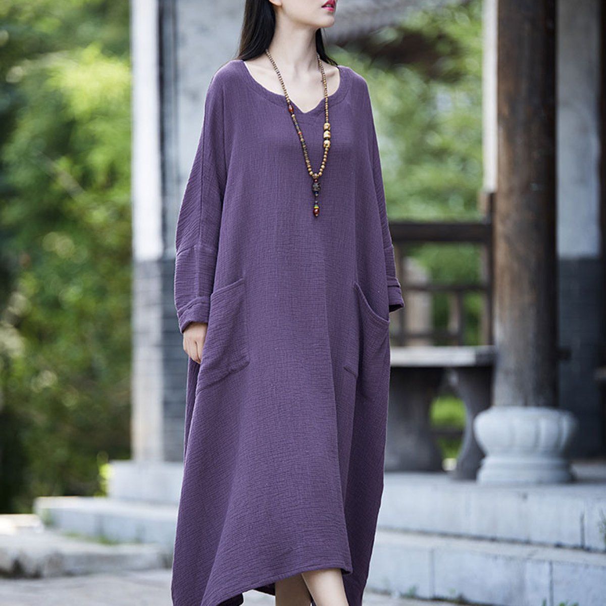 Women Solid Casual Big Pockets Loose Maxi Long Sleeve Dress 2019 May New One Size Purple 