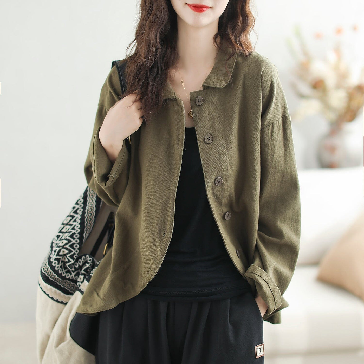 Women Solid Casual Cotton Loose Jacket