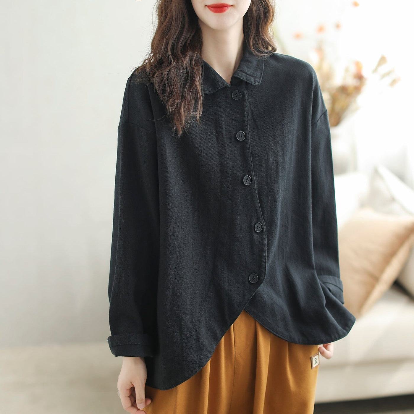 Women Solid Casual Cotton Loose Jacket