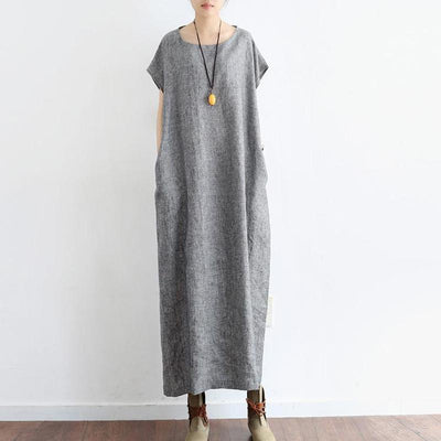 Women Solid Casual Summer Cotton Linen Short Sleeve Dress 2019 Jun New One Size Gray 