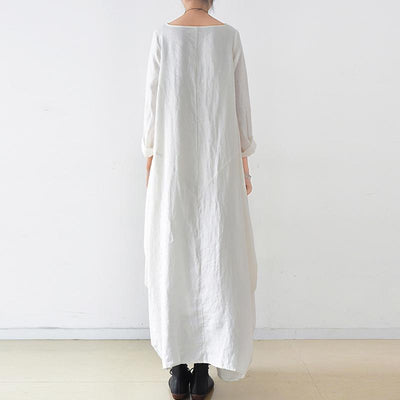 Women Solid Cocoon Casual Loose Linen Maxi Long Sleeve Dress 2019 May New 