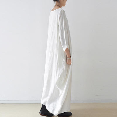 Women Solid Cocoon Casual Loose Linen Maxi Long Sleeve Dress