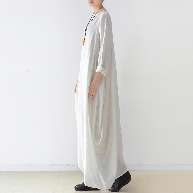 Women Solid Cocoon Casual Loose Linen Maxi Long Sleeve Dress