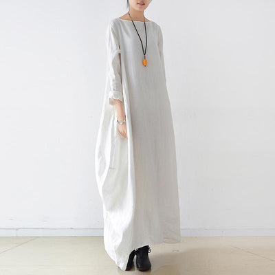 Women Solid Cocoon Casual Loose Linen Maxi Long Sleeve Dress 2019 May New 