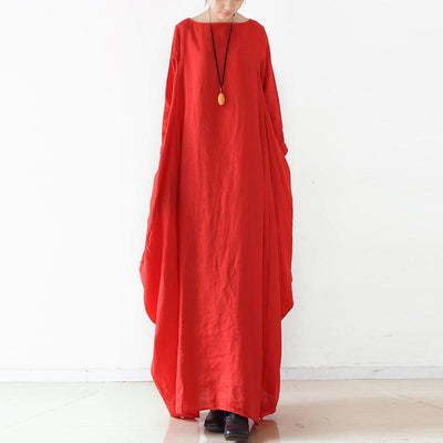 Women Solid Cocoon Casual Loose Linen Maxi Long Sleeve Dress 2019 May New One Size Red 