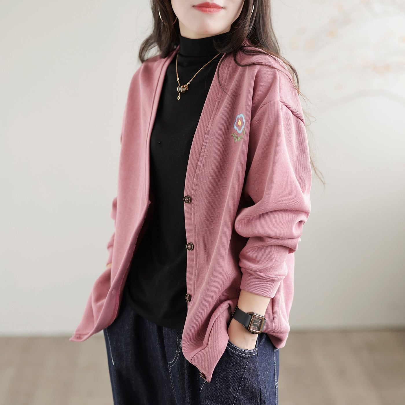 Women Solid Embroidery Loose V-Neck Jacket Sep 2022 New Arrival 