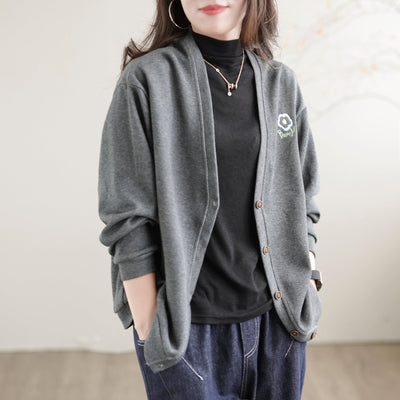 Women Solid Embroidery Loose V-Neck Jacket Sep 2022 New Arrival One Size Gray 