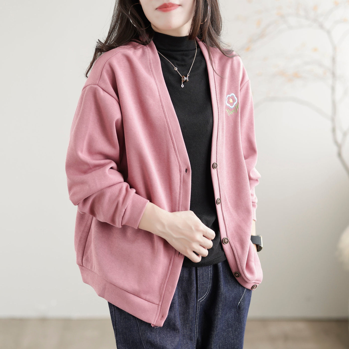 Women Solid Embroidery Loose V-Neck Jacket