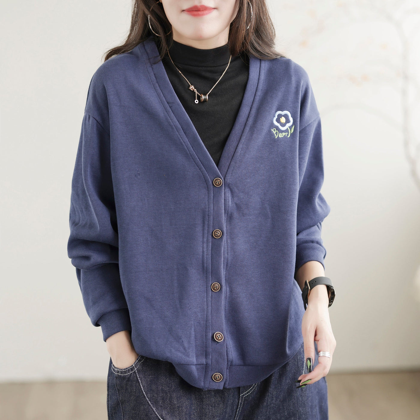 Women Solid Embroidery Loose V-Neck Jacket Sep 2022 New Arrival One Size Purple 