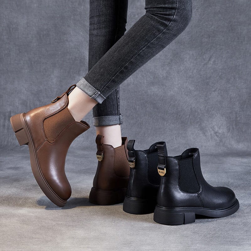 Women Solid Leather Retro Autumn Ankle Boots