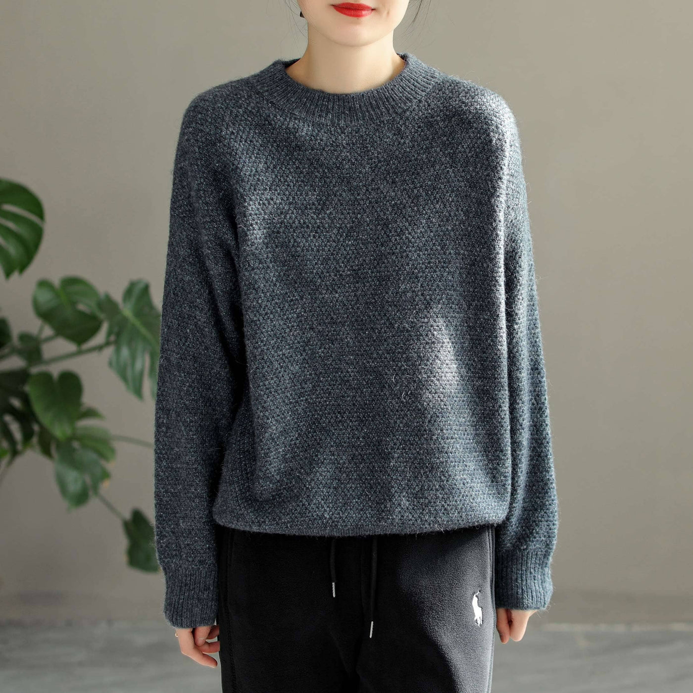 Women Solid Loose Knitted Autumn Winter Warm Sweater Jan 2023 New Arrival One Size Dark Gray 
