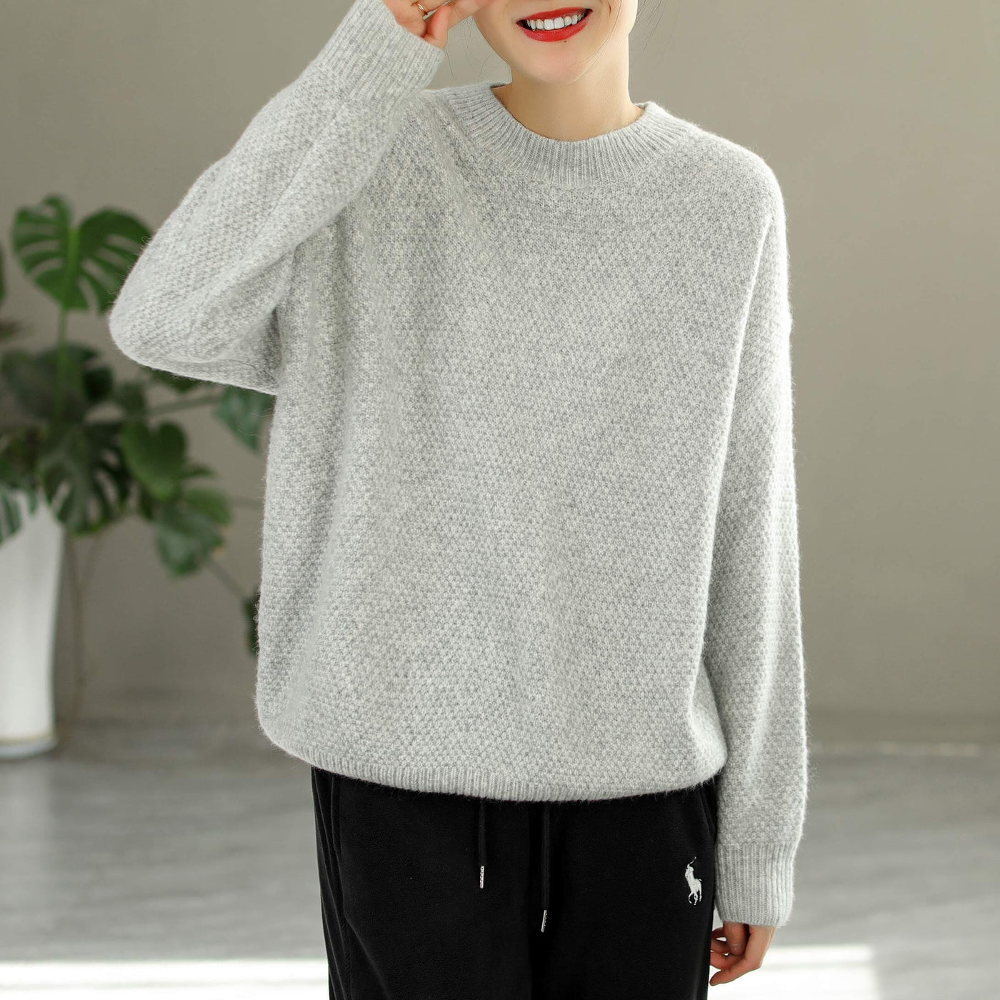Women Solid Loose Knitted Autumn Winter Warm Sweater Jan 2023 New Arrival One Size Light Gray 