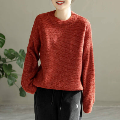 Women Solid Loose Knitted Autumn Winter Warm Sweater Jan 2023 New Arrival One Size Red 