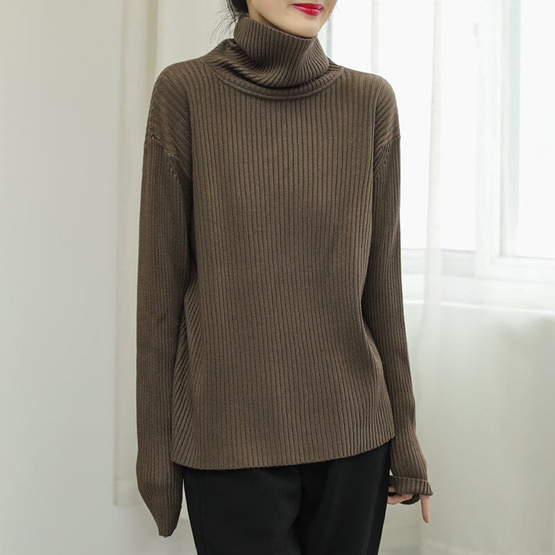 Women Solid Stripe Knitted Turtleneck Winter Sweater