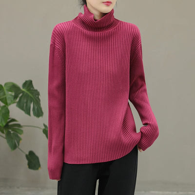 Women Solid Stripe Knitted Turtleneck Winter Sweater