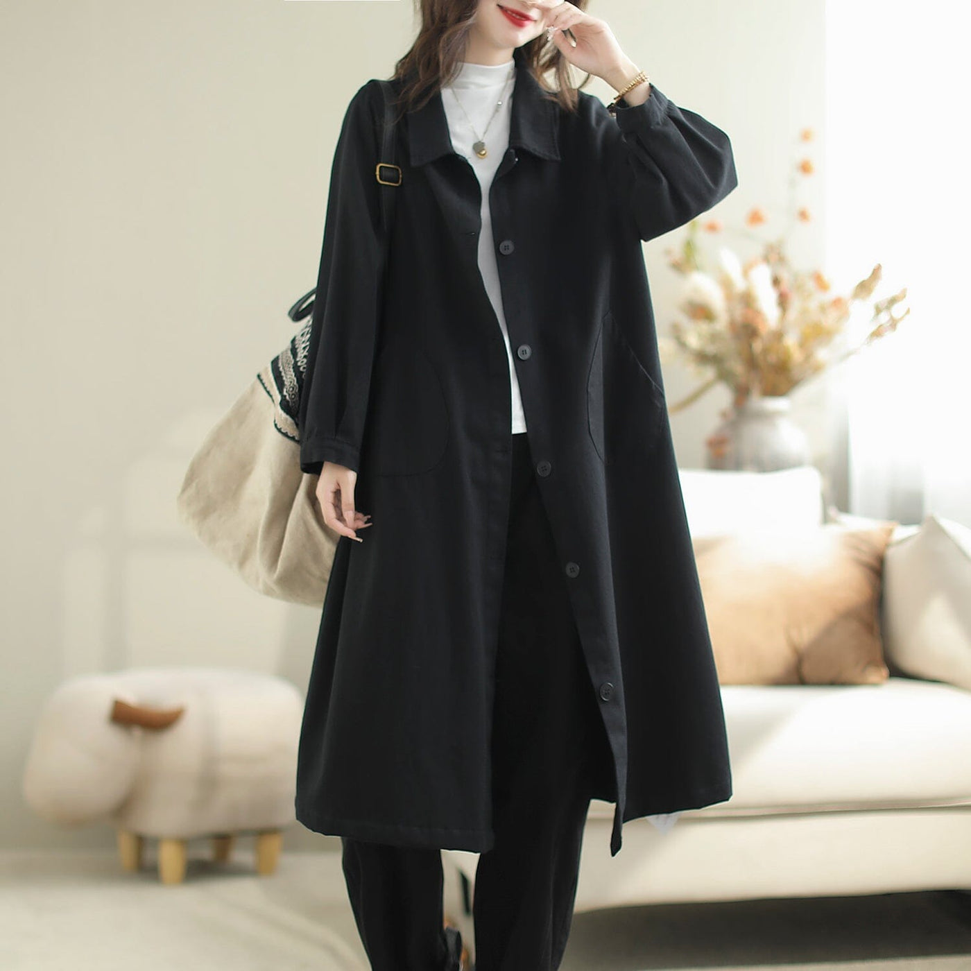Women Solid Stylish Casual Autumn Overcoat Sep 2023 New Arrival One Size Black 