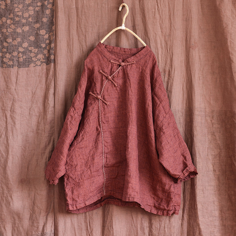 Women Spring Autumn Linen Vintage Pullover Blouse Mar 2022 New Arrival Red One Size 